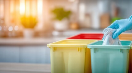 Proper waste sorting in a bright kitchen with color-coded bins for recycling