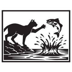 Cat Reaching for Jumping Fish on Rocky Shore Black and White Silhouette Illustration