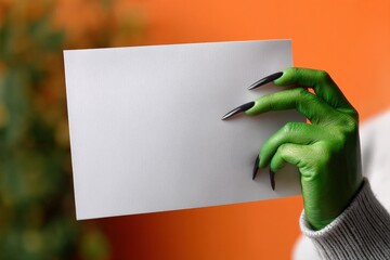 Green witch hand with long black nails holding a blank white horizontal card for Halloween message or spooky invitation
