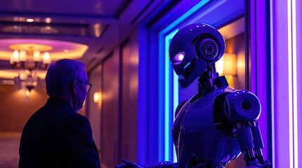 Man conversing with robot with hotel event.