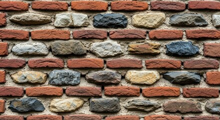 Textured wall with brick and stone construction in varied colors