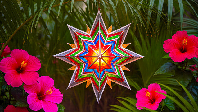 Tropical Christmas: a bright multi-colored star (Parol) among pink hibiscus and palm leaves.
