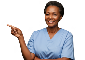 Smiling african american mature woman nurse doctor pointing direction healthcare professional isolated on transparent background