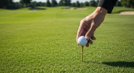 Close-up of a golfer placing a golf ball on a tee.  Green grass, blurred golf course background