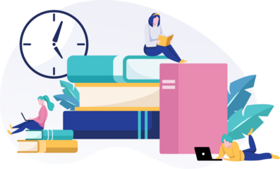 Diverse People Studying on Stacked Books with Clock on Transparent Background