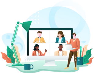 Diverse Team Video Conference Illustration with Teal Lamp and Transparent Background
