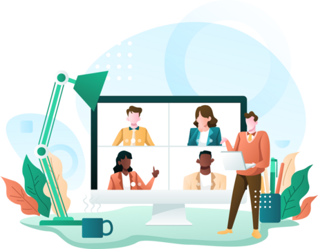 Diverse Team Video Conference Illustration with Teal Lamp and Transparent Background