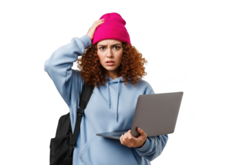 Confused student with laptop and pink beanie frustrated with technology problem isolated on transparent background