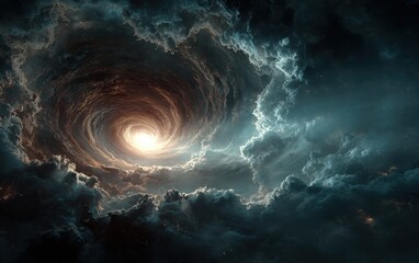 Dramatic storm clouds swirling around a vortex of light create a stunning, otherworldly scene full of mystery and power that inspires awe and wonder
