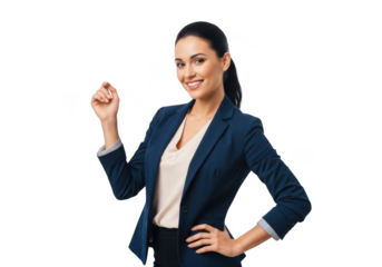 Professional businesswoman smiling pointing upward in blue suit stock photo png image for design and marketing resources isolated on transparent background