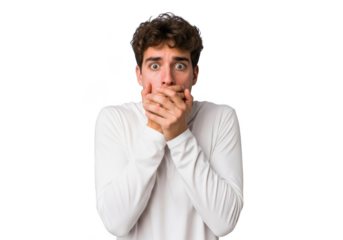 Shocked man covering mouth with hands, expressing fear and surprise, curly hair, white shirt, portrait, isolated on transparent background