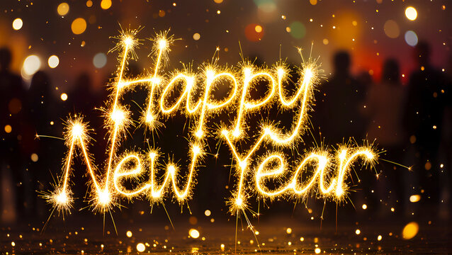 A dynamic and magical New Year's concept. The center of the frame features a close-up of the sparkling "Happy New Year" inscription, created using sparklers (or sparks) and a light effect. The hot gol - Powered by Adobe