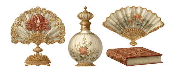 Ornate Vintage Fan, Decorative Vase, and Antique Book on Isolated Transparent Background