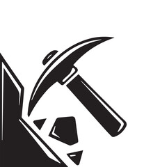 Black and white illustration of a pickaxe striking rocks on a white background mining tool