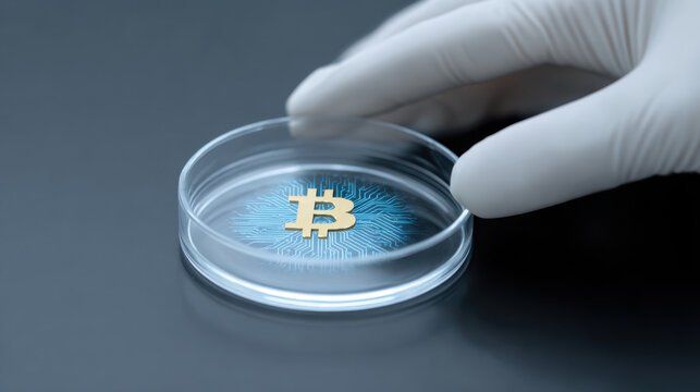 Bitcoin symbol inside petri dish with digital circuit pattern lab light, representing cryptocurrency research and innovation