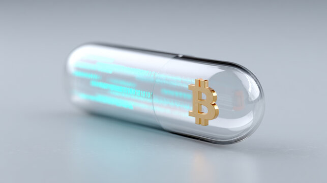 Bitcoin symbol inside transparent capsule with glowing digital data streams, futuristic technology concept