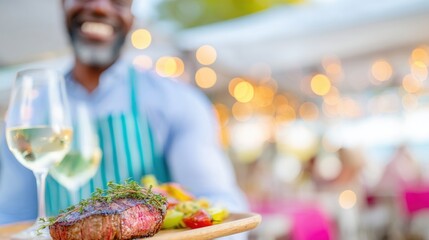 Chef serving steak dinner with salad and drinks at outdoor restaurant