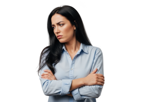 Upset businesswoman with arms crossed looking downwards png image for professional use, serious expression, isolated on transparent background