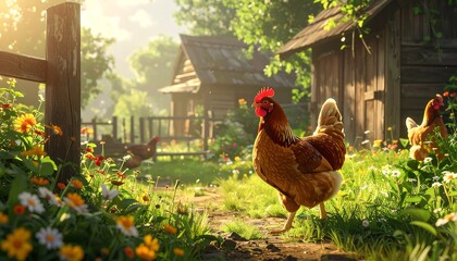A rustic farm scene showcases two brown chickens in a sun-drenched yard, surrounded by colorful flowers and weathered wooden structures.