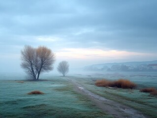 Misty Field Landscape with Trees and Cloudy Sky during Dusk in Rural Setting