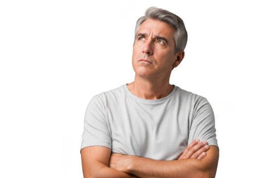 Pensive mature man looking upwards with arms crossed isolated portrait png image for design projects isolated on transparent background