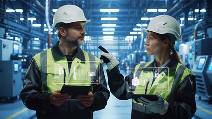 Close Up of Industrial Workers in Hard Hats and Safety Vests Viewing Holographic Displays on Tablets in Factory Looking at Each Other Conveying Industry Teamwork Technology and Future Innovation - Powered by Adobe