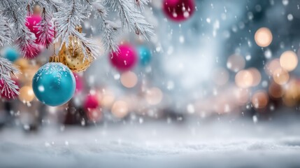Colorful ornaments sparkle in the snow during a joyful winter season