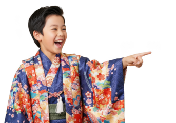 Happy japanese boy in kimono pointing and laughing, traditional clothing, celebration, culture isolated on transparent background
