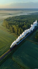 Fototapeta premium Aerial view of a steam train emitting smoke as it travels through green fields and forests at dawn
