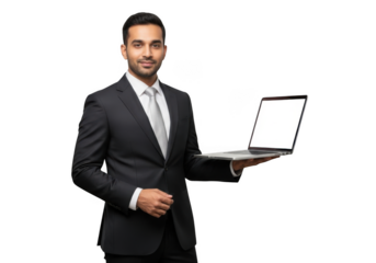 Professional businessman holding laptop presenting information isolated on transparent background for marketing and business presentations isolated on transparent background