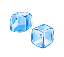 Pencil drawing of a pair of ice cubes, hand-drawn. A children's illustration with colored pencils is isolated on a white background. Frozen water. Cold. Clipart.