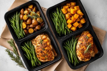Four black meal prep containers with grilled chicken, green beans, roasted potatoes, and squash on a light background, concept of healthy eating