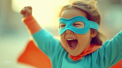 Excited child dressed as a superhero celebrates in a sunny outdoor setting