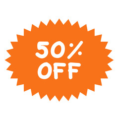 Illustration of 50% OFF sale tag for online shopping, marketing, promotion, sticker, banner, special price, discount, business, social media, print, ad, template, sign, symbol, campaign, web button