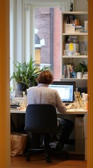 Person working at a desk in a home office with a view of a brick building through the window