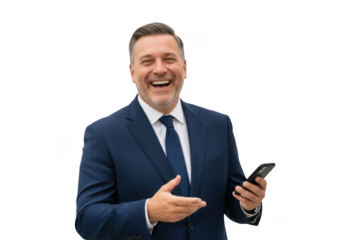 Enthusiastic businessman in suit laughing while holding phone stock photo, happy executive isolated on transparent background