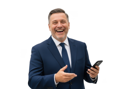 Enthusiastic businessman in suit laughing while holding phone stock photo, happy executive isolated on transparent background