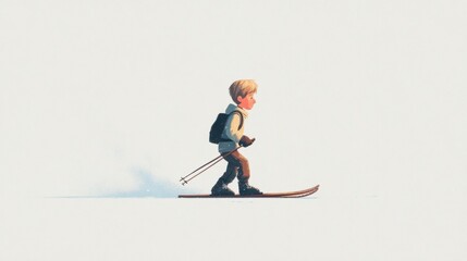 Obraz premium A young skier gliding across a snowy landscape with ski poles and backpack, depicted in a stylized illustration.