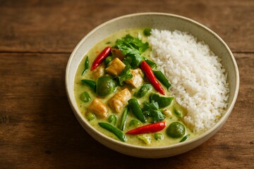 Authentic Thai green curry ideal for culinary blogs and global food campaigns.
