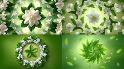 Blossoming Jasmine Flower Arrangements on Calming Light Green Gradients Backgrounds