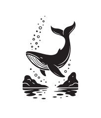 Black silhouette of a whale breaching from water with bubbles and stylized islands black and white ocean