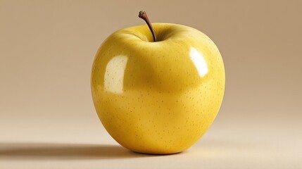 Fresh yellow with smooth skin and a short brown stem on a neutral beige background, showcasing vibrant fruit freshness and simplicity
