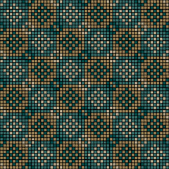 ornament from hand drawn squares. blue, gold, silver pixels. vector seamless pattern. black repetitive background. modern decorative art. geometric fabric swatch. textile design template. home decor