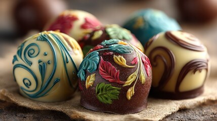 Assorted artisan chocolate truffles with colorful floral and swirl designs on a rustic wooden surface perfect for luxury confectionery or gourmet dessert photography