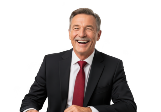 Smiling mature businessman in suit with red tie headshot portrait stock photo image, professional isolated on transparent background