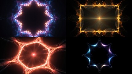 Four abstract energetic frames glow with bright colors and dynamic shapes