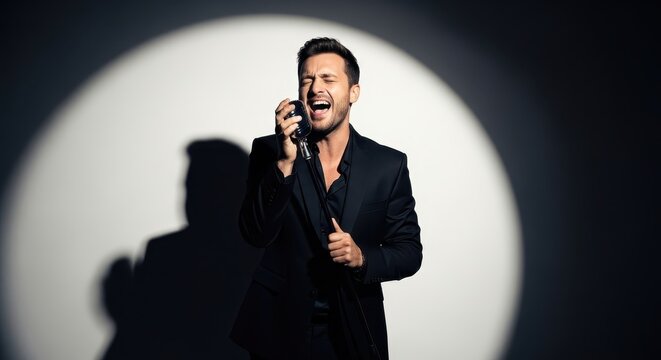 Male singer performing on stage with microphone in spotlight