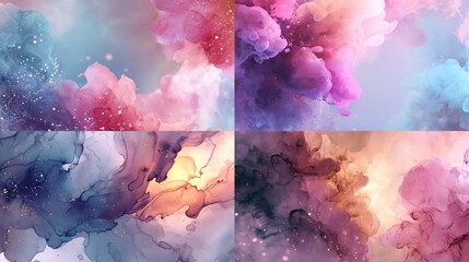 Four ethereal backgrounds with colorful, smoke-like designs and golden accents