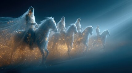 Ghostly riders on white horses galloping through a dark, ethereal landscape illuminated by golden light.