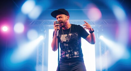 Man singing into vintage microphone on stage with blue lights